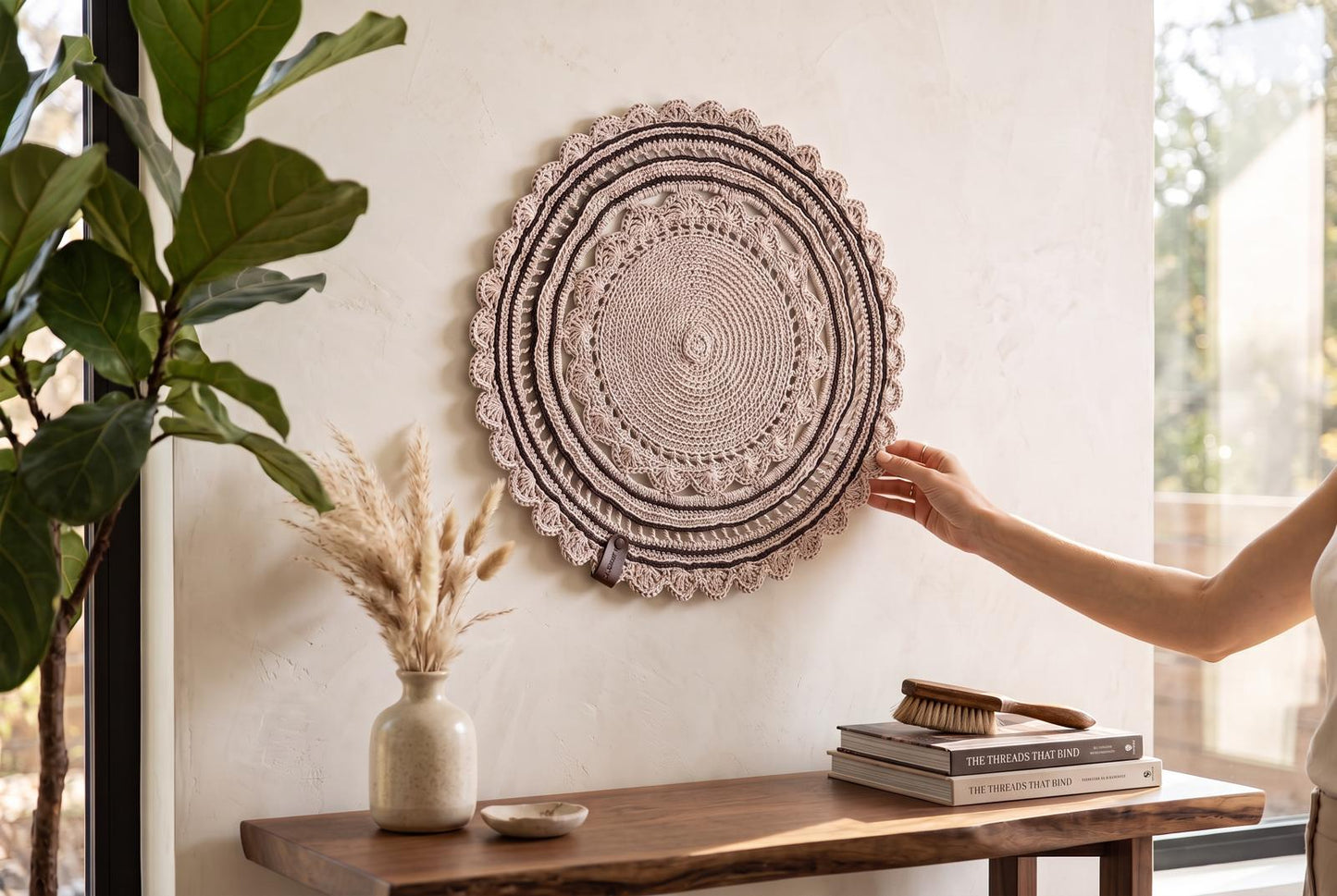 Handmade Crochet Round Placemat with Scalloped Edge, Light Grey | Raffia Material, Lace Doily Design, Reusable & Washable, Table Protector, Home Décor