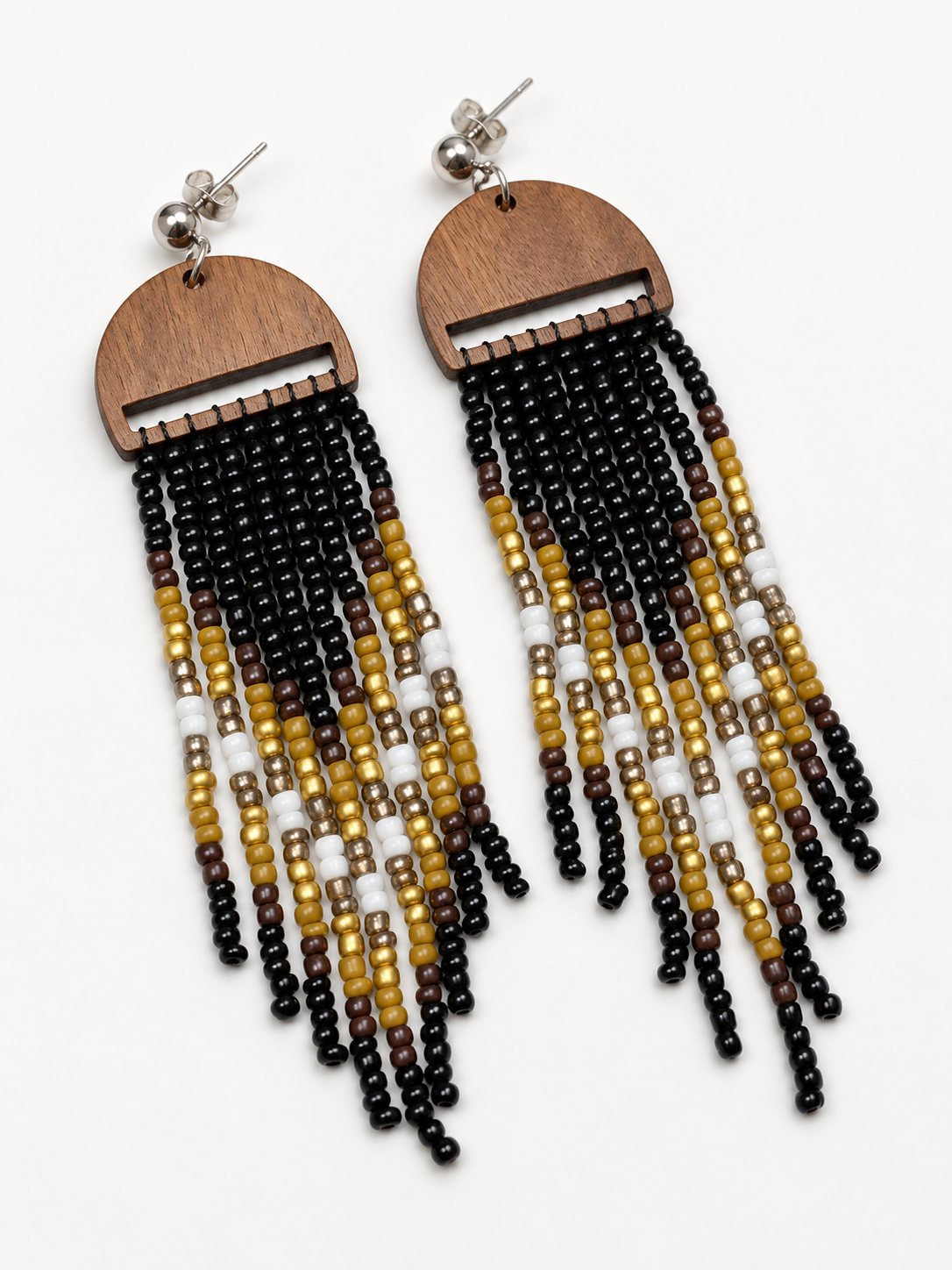 Handcrafted Wood & Beaded Fringe Earrings – Black, Gold & Ivory Statement Tassels