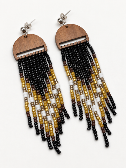 Handcrafted Wood & Beaded Fringe Earrings – Black, Gold & Ivory Statement Tassels