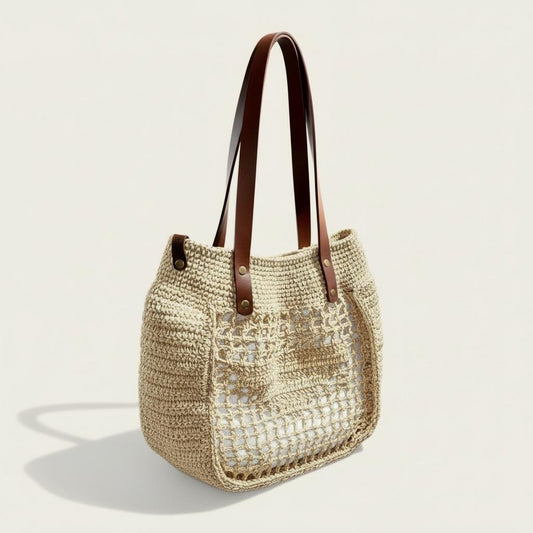 Handcrafted Coastal Weave Raffia Tote in Beige