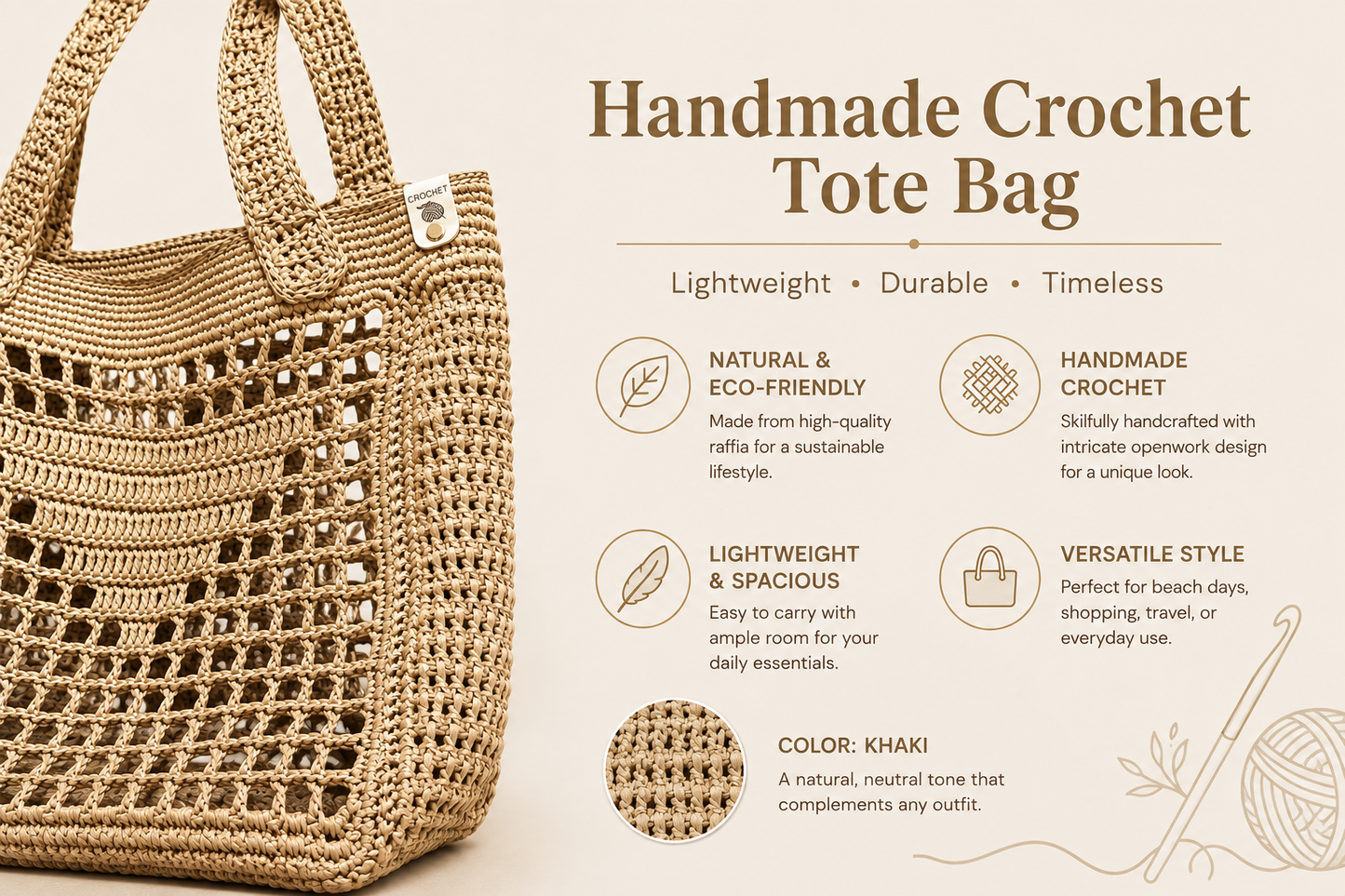 Handcrafted Raffia Bag, Natural Beige Open Weave-Made in USA