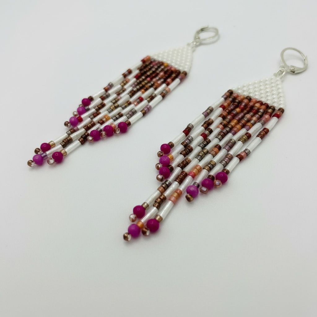 Handcrafted Glass Beads Loop Earrings -multi purple and red with white