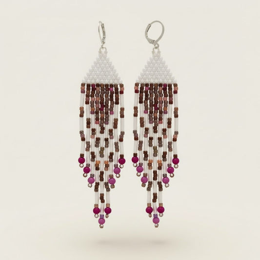 Handcrafted Glass Beads Loop Earrings -multi purple and red with white