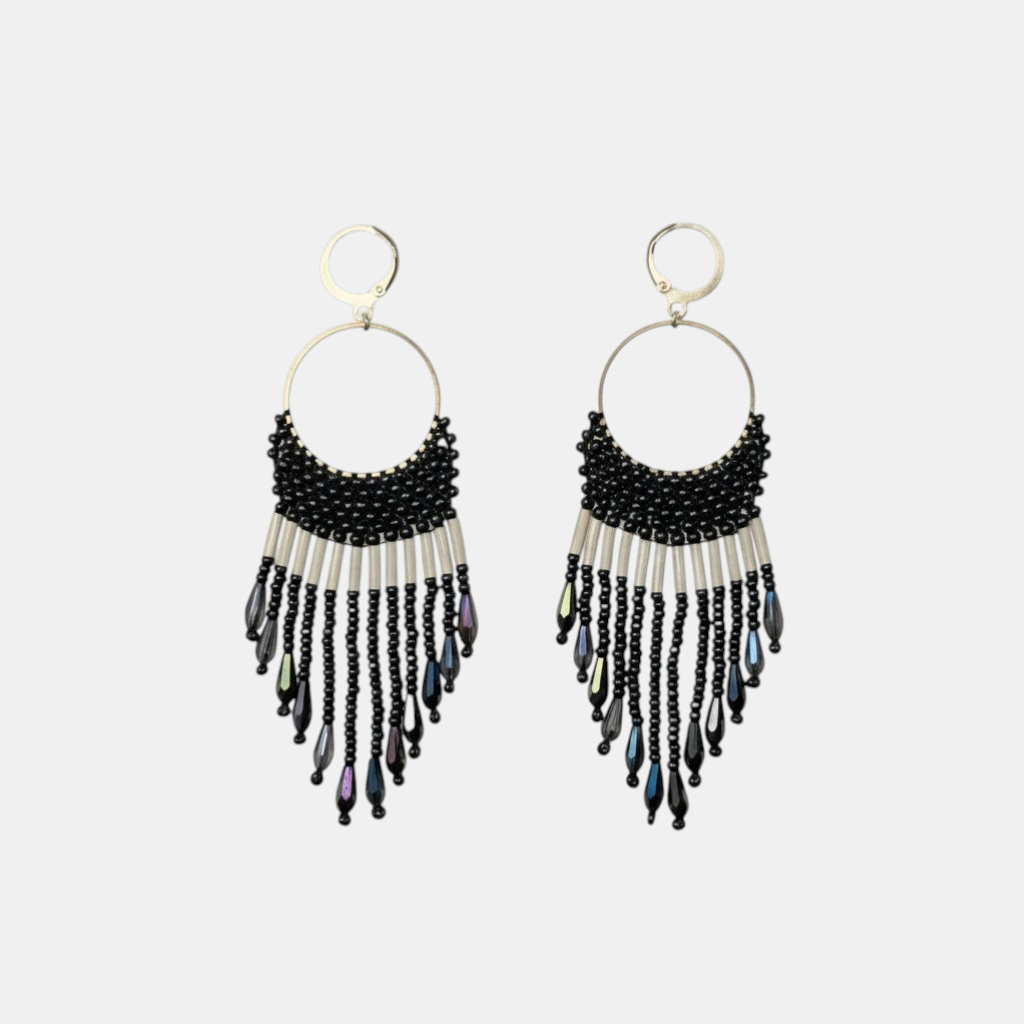 Handcrafted Glass Beads Loop Earrings - dark blue with white strips