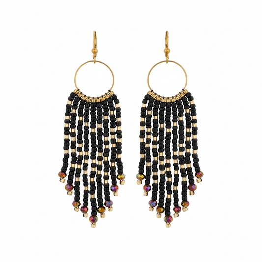 J.CROCHET black beaded fringe hoop earrings with gold accents and iridescent crystal drops.