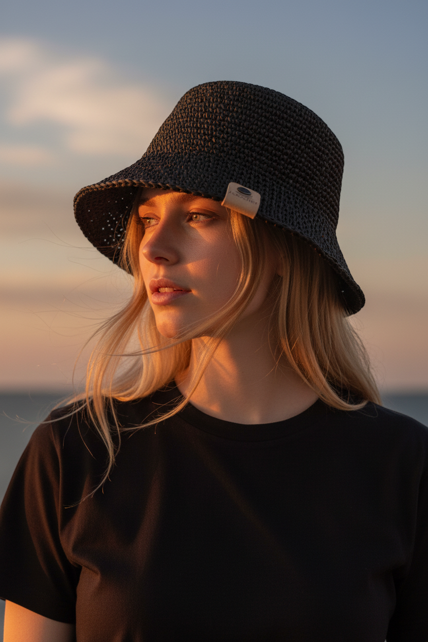 J.CROCHET black handcrafted raffia bucket hat with a classic silhouette and subtle branded tab detail.