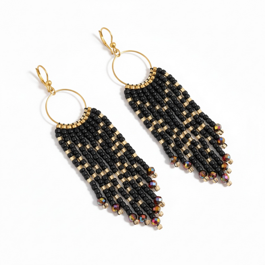 J.CROCHET handcrafted black beaded fringe earrings with gold hoops and iridescent crystal accents.