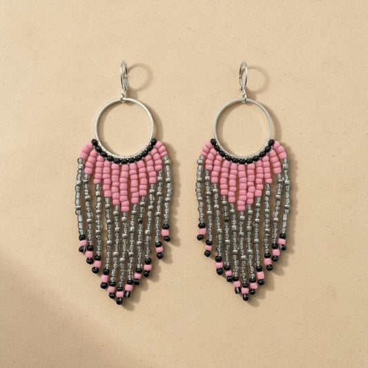 Handcrafted Pink and Grey Seed Beads Earrings