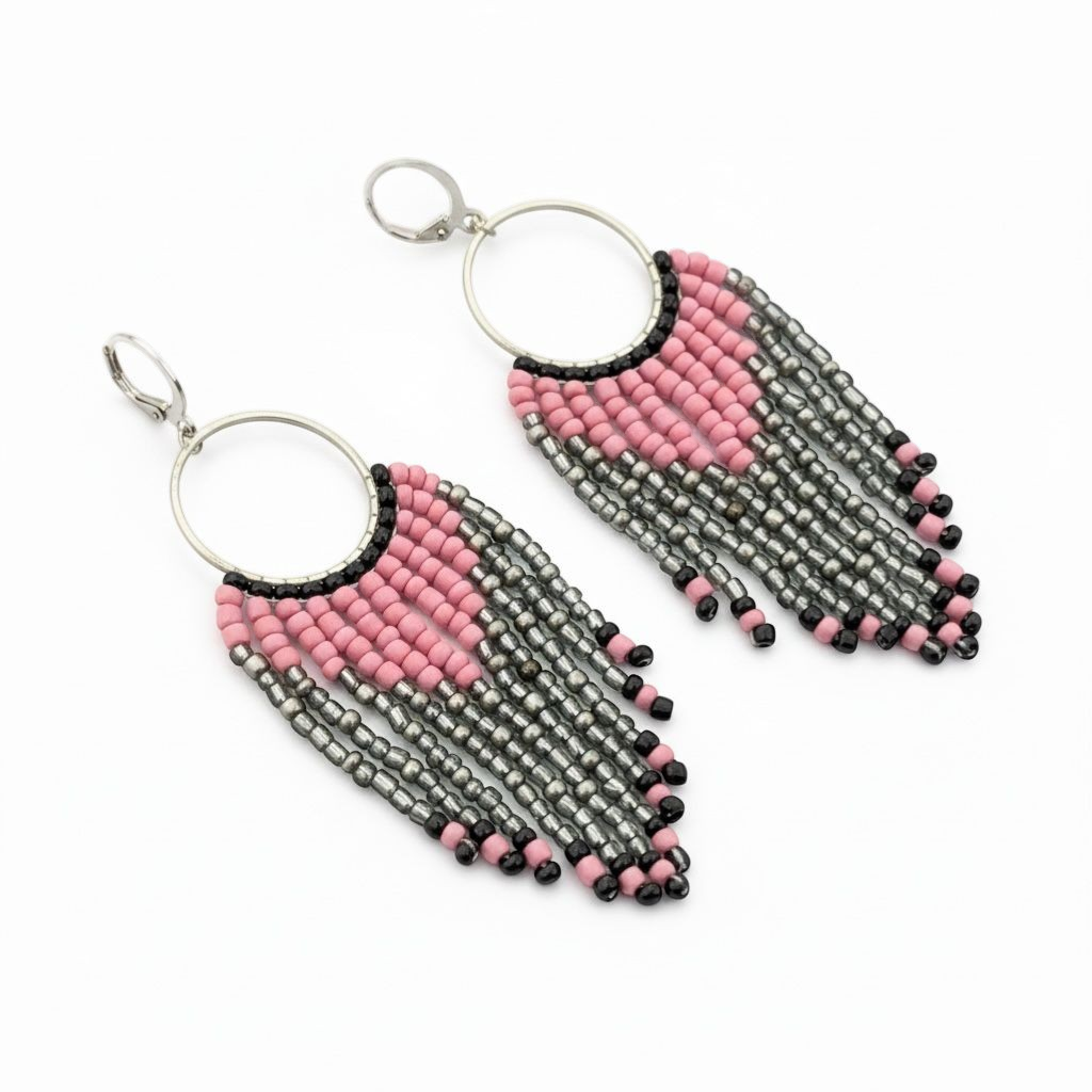 Handcrafted Pink and Grey Seed Beads Earrings