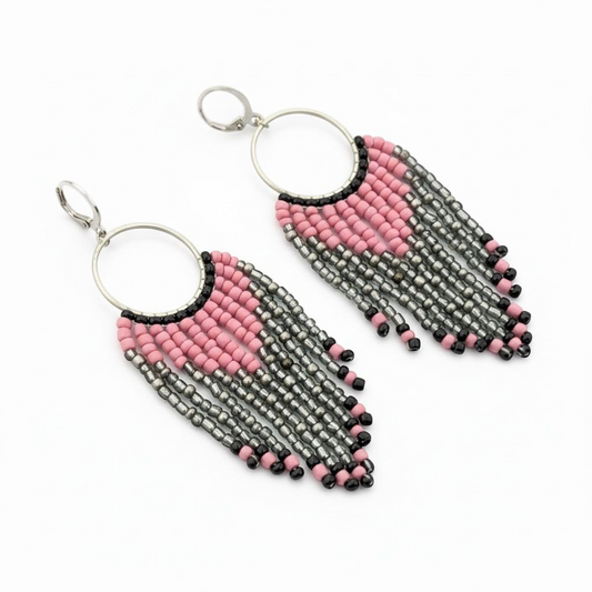 Handcrafted Pink and Grey Seed Beads Earrings