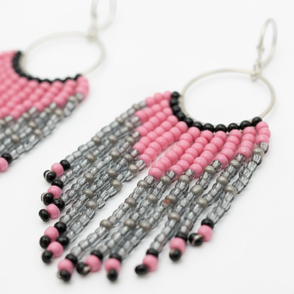 Handcrafted Pink and Grey Seed Beads Earrings