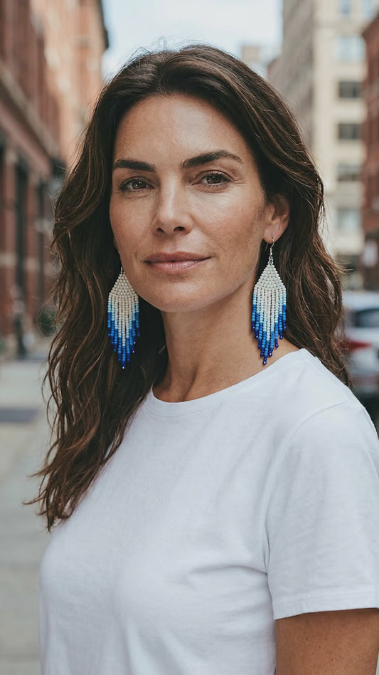 Handcrafted Beaded Deep Sea Ombre Fringe Earrings