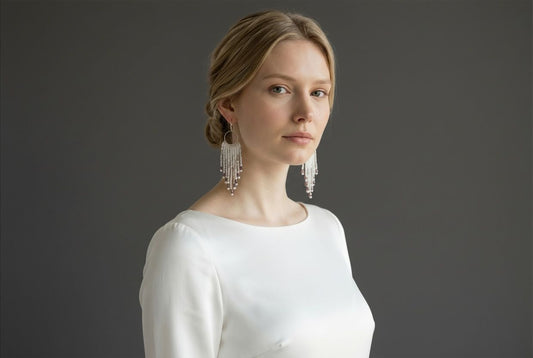 Handcrafted Beaded Fringe Hoop Earrings – Iridescent & Pearl White