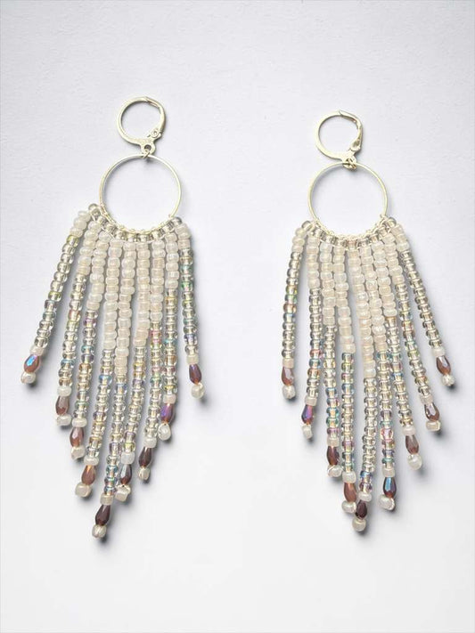 Handcrafted Beaded Fringe Hoop Earrings – Iridescent & Pearl White