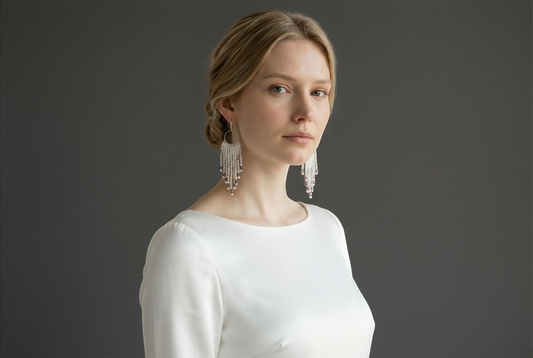 Handcrafted Beaded Fringe Hoop Earrings – Iridescent & Pearl White