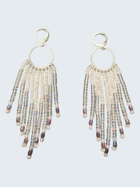 Handcrafted Beaded Fringe Hoop Earrings – Iridescent & Pearl White